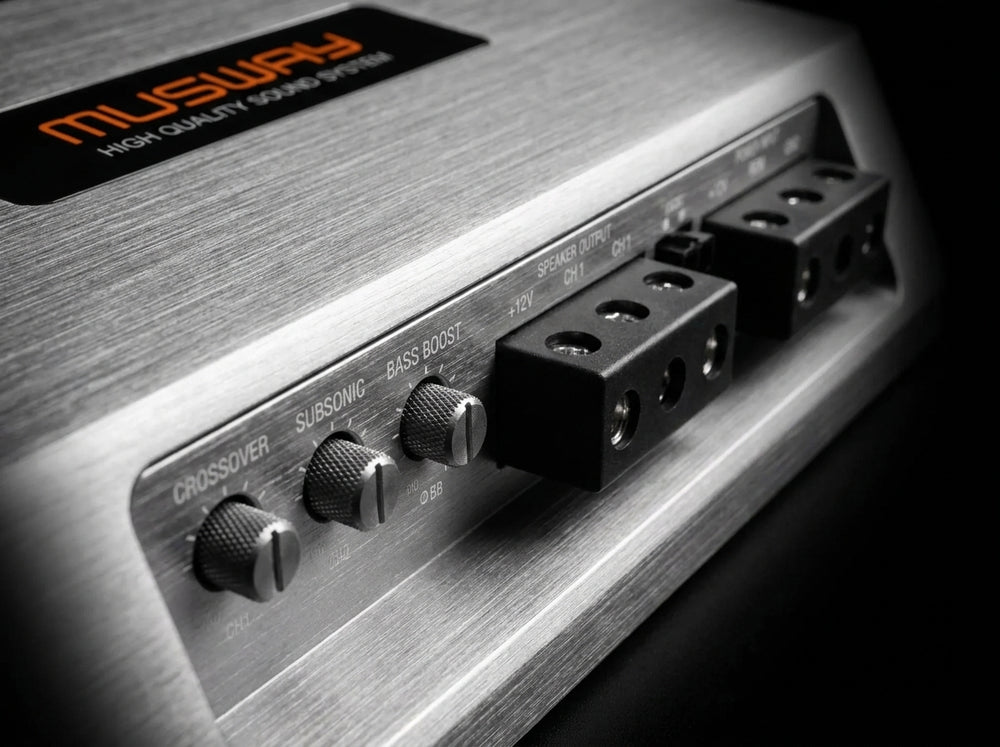 Front speakers and subwoofer, handled by one amplifier.
