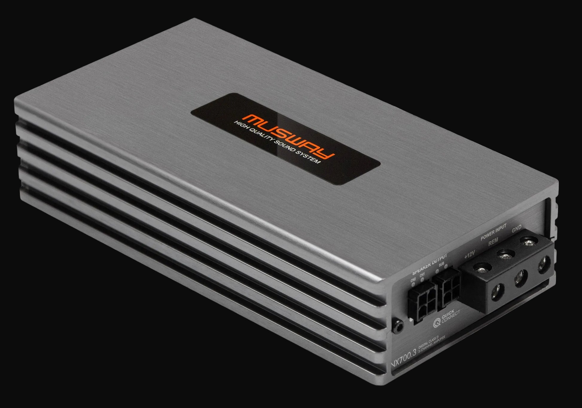 Gray amplifier with Musway logo on a white background